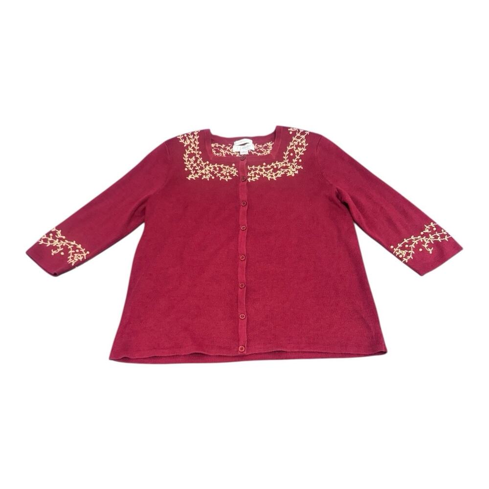 Vintage CJ Banks Red Hand Embroidered Floral Embellished Pearls Cardigan Sweater